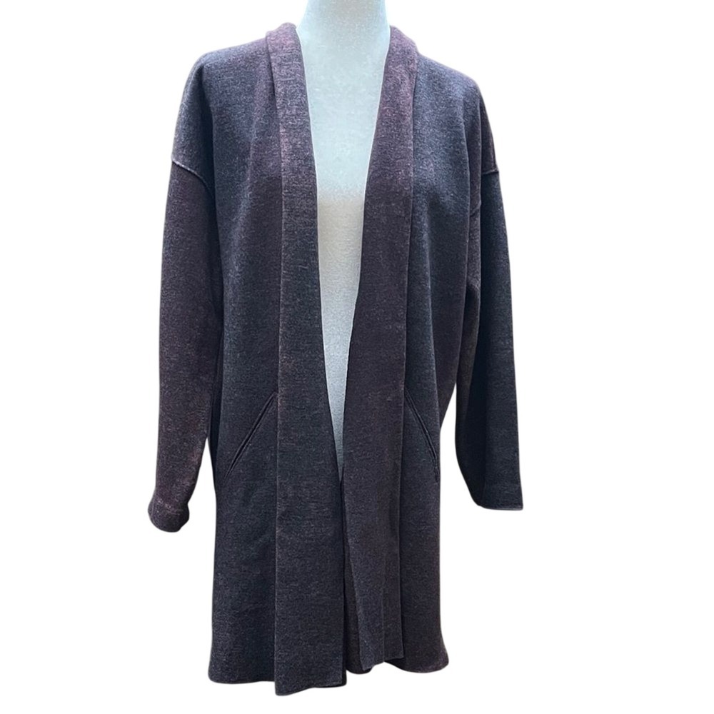 Eileen Fisher Merino Wool Open Front Longline Cardigan Eggplant Ombre size S/M